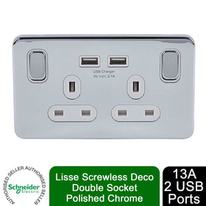 Schneider Electric Lisse Screwless Double Socket USB Ports 13A Polished Chrome