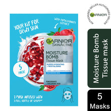 Load image into Gallery viewer, Garnier Moisture Bomb Pomegranate Hydrating Face Sheet Mask 5 Pack Box 160g