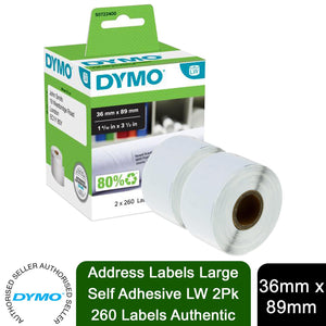 DYMO Address Labels Large Self Adhesive LW 36 x 89mm 2Pk 260 Labels Authentic