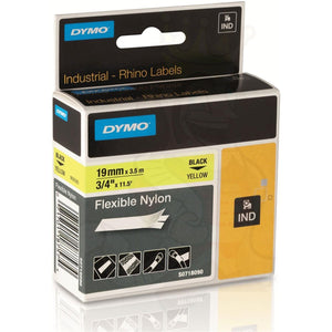 DYMO Rhino Self Adhesive Industrial Nylon Labels 19mm x 3.5m Black on Yellow