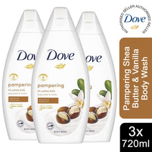 Load image into Gallery viewer, 3pk of 720ml Dove Pampering 0% Sulfate SLES Shea Butter &amp; Vanilla Body Wash
