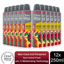Load image into Gallery viewer, 12pk Dove Men+Care Sport Active + Fresh Anti-perspirant Deodorant Aerosol 250 ML