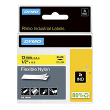 Load image into Gallery viewer, Dymo Rhino Vinyl Labels Industrial Flexible Nylon 12 mm x 3.5m Black on Yellow