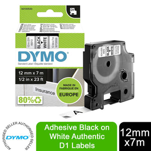 DYMO Labels Self Adhesive D1 12mm x 7mm Black Print on White Tape Authentic