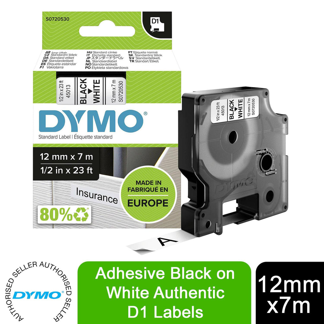 DYMO Labels Self Adhesive D1 12mm x 7mm Black Print on White Tape Authentic
