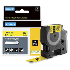 DYMO Rhino Self Adhesive Industrial Nylon Labels 19mm x 3.5m Black on Yellow