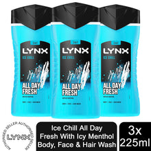 Load image into Gallery viewer, 3pk of 250ml Lynx 12hrs Refreshing Fragrance Shower Gel with 100% Moisturisers