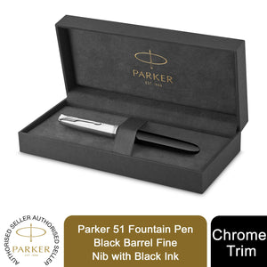 Parker 51 Fountain Pen Black Barrel Chrome Trim Fine Nib Black Ink Gift Box