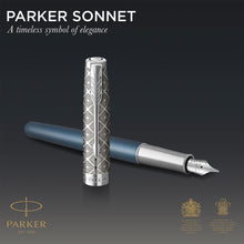 Load image into Gallery viewer, Parker Sonnet Fountain Pen Blue Chrome Trim Fine 18K Gold Nib Black Ink Gift Box