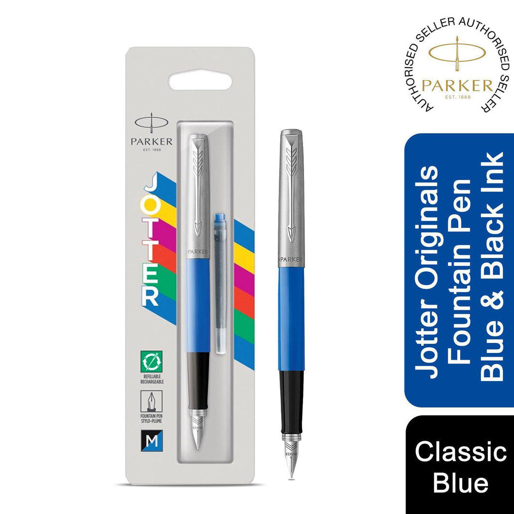 Parker Jotter Fountain Pen Originals Blue Finish Medium Nib Blue & Black Ink