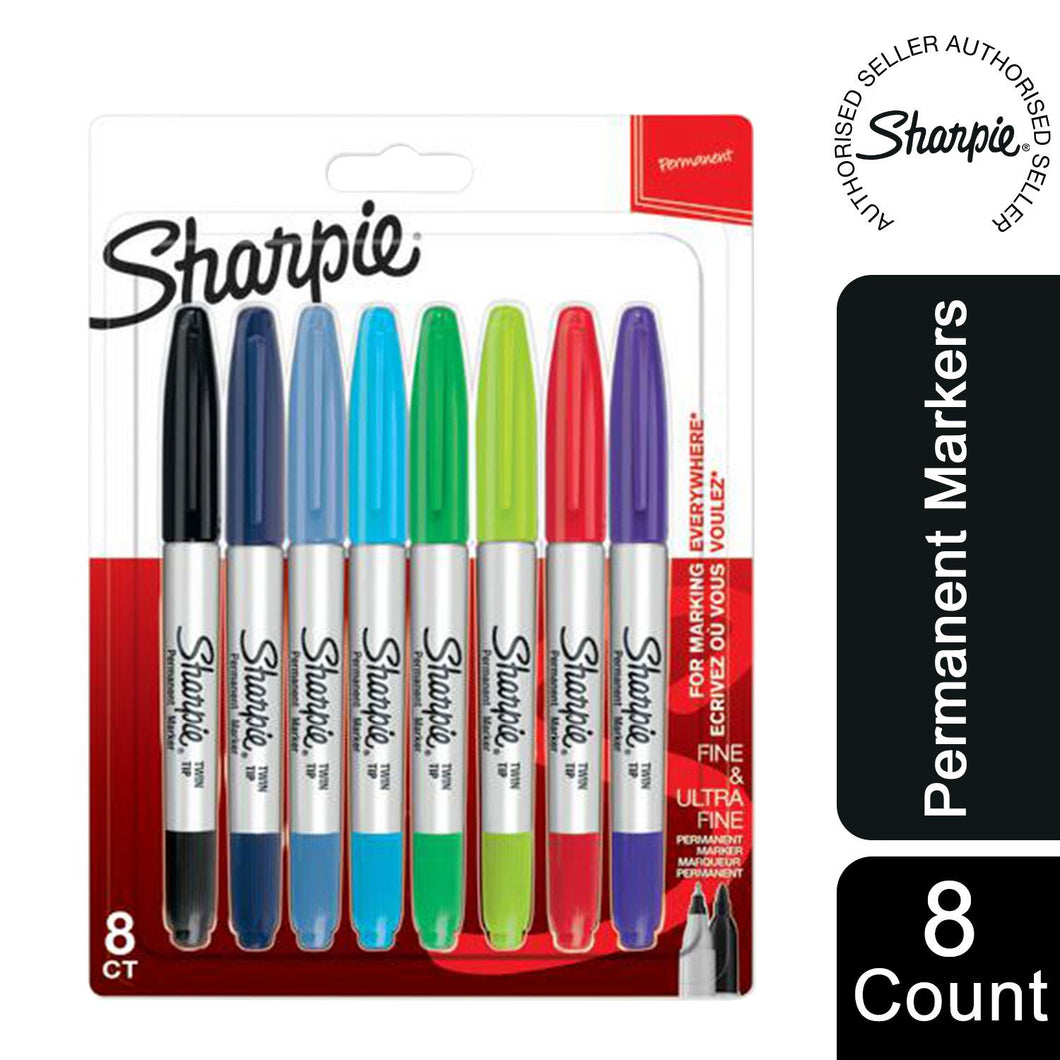 Sharpie Permanent Markers Twin Tip Fine Points Assorted Colours Pack of 8