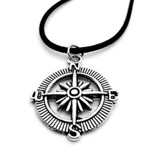 Load image into Gallery viewer, Black Leather Cord Tibetan Silver Charm Choker Pendant with Chain, Compass