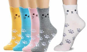 Women's Cat Socks With Printed Paws, Pack of 5