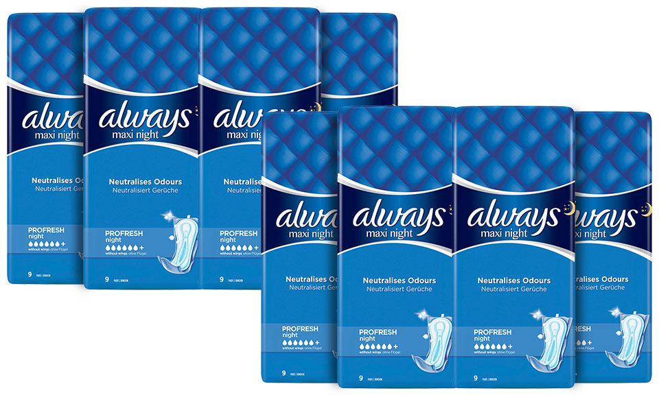 Always Maxi Night Pads, Normal/Profresh Night, 9 Pads, 8 Pack