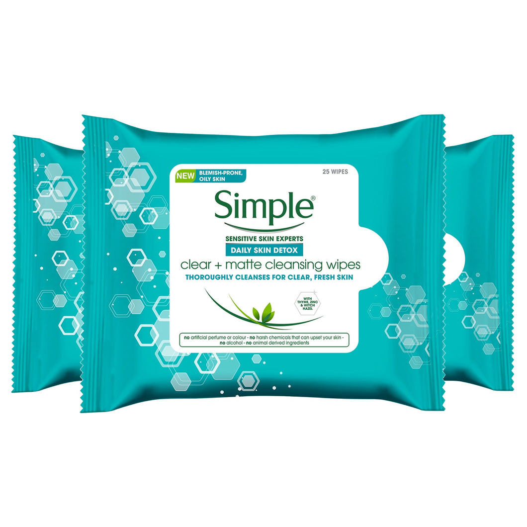 3 x 25 Wipes Simple Daily Skin Detox Matte & Clear Wipes For Oily Skin