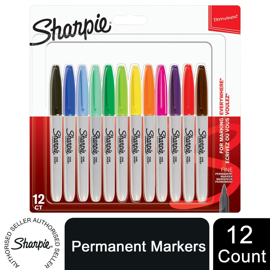 Sharpie Permanent Marker Pens Fine Point Assorted Colours Pack of 12 For School