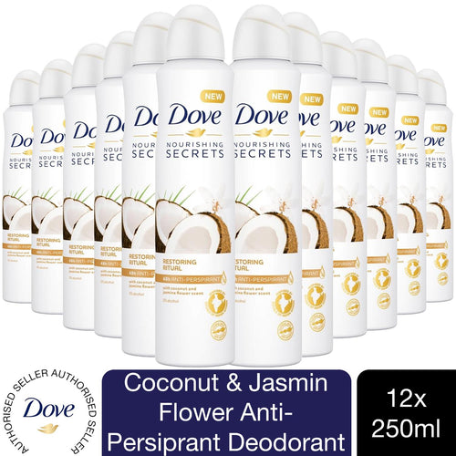 12pk 250ml Dove Coconut & Jasmin Flower Anti-Perspirant Deodorant Aerosol
