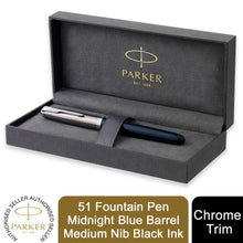 Load image into Gallery viewer, Parker 51 Fountain Pen Midnight Blue Barrel Medium Nib Black Ink Gift Box