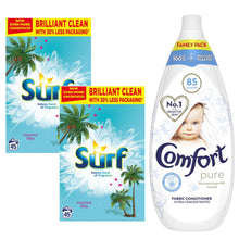Load image into Gallery viewer, 90W(45wx2)Surf Coconut Bliss Washing Powder &amp; 85WComfort Pure Fabric Conditioner