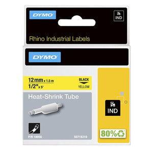 DYMO Rhino Heat Shrink Label Tubes Self Adhesive 12mm x 1.5m Black on Yellow