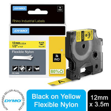 Load image into Gallery viewer, Dymo Rhino Vinyl Labels Industrial Flexible Nylon 12 mm x 3.5m Black on Yellow