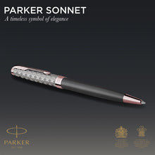 Load image into Gallery viewer, Parker Sonnet Ballpoint Pen Grey Satin Rose Gold Trim Medium Black Ink Gift Box
