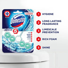Load image into Gallery viewer, Domestos Power 5 Chlorine Toilet Rim Block With Long Lasting Fragrance, 55 g