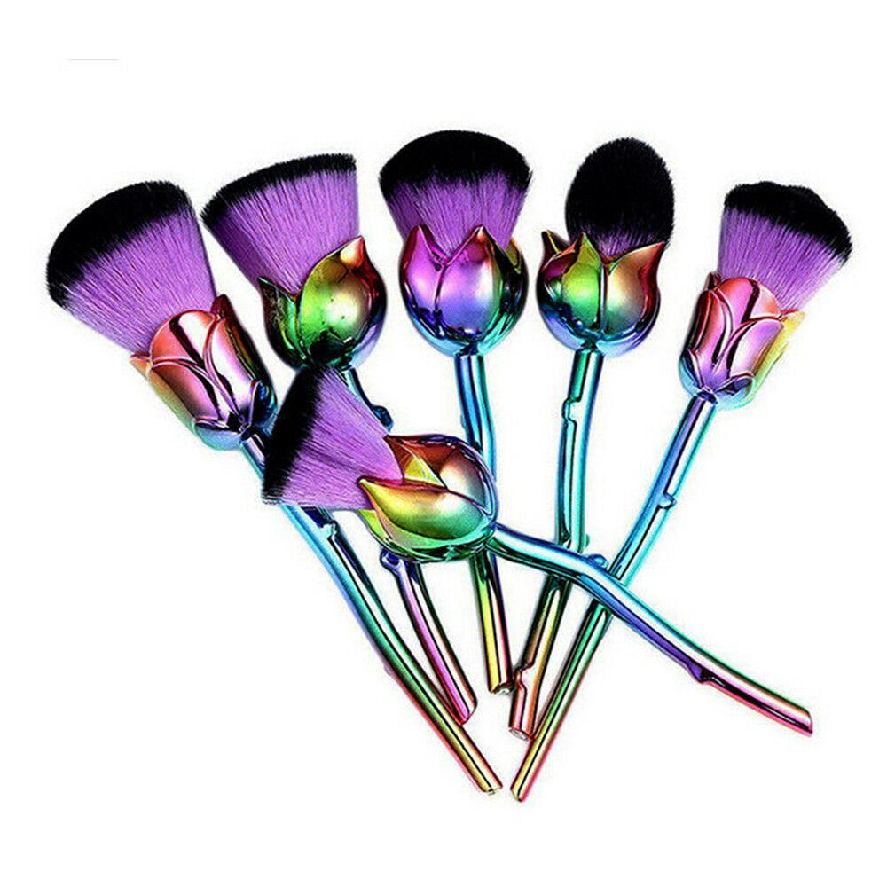 6pc Beauty and the Beast-Inspired Rose Makeup Brushes with Glossy Handles Purple