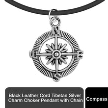 Load image into Gallery viewer, Black Leather Cord Tibetan Silver Charm Choker Pendant with Chain, Compass