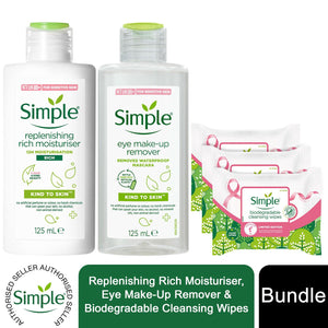 Simple Kind to Skin Bundle of Eye Makeup Remover, Rich Moisturiser & Wipe