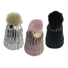 Load image into Gallery viewer, Ribbed Knit Winter Beanie Bobble Hat with Stylish Metallic Foil - Assorted
