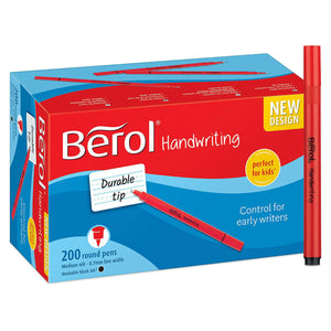 Berol Handwriting Pen Round Durable Medium Nib Washable Black Ink 200 Pack
