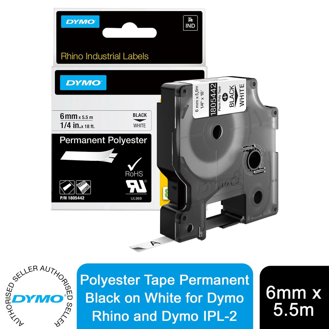 Dymo Polyester Tape 6mm Permanent Black on White for Dymo Rhino and Dymo IPL-2