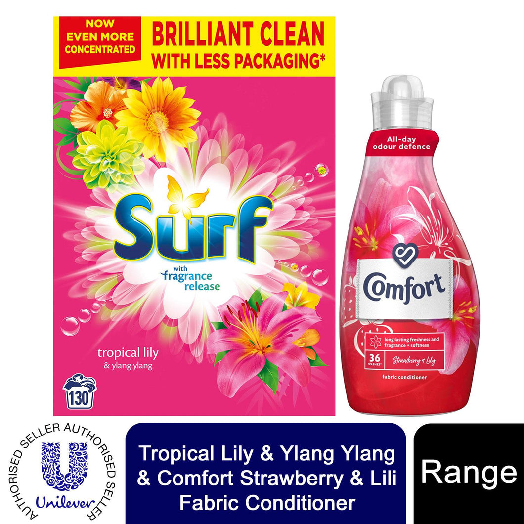 130W Surf TropicalLilyLaundryPowder&36WComfort Strawberry&Lily FabricConditioner