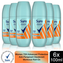 Load image into Gallery viewer, 6pk of 100ml Sure Women 72H Advanced Protection Workout Deodorant Roll-On