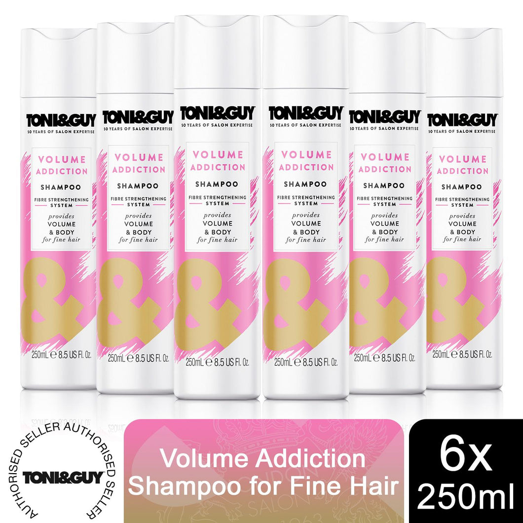 6pk of 250ml Toni&Guy Volume Addiction Shampoo for Fine Hair with Wheat Extract