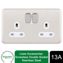 Load image into Gallery viewer, Schneider Electric Lisse Screwless Double Socket 13A GGBL3020WSS Stainless Steel