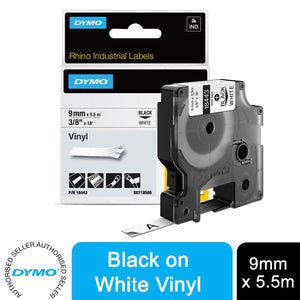 DYMO Rhino Vinyl Polyester Labels Industrial 9mm x 5.5m Black Print on White