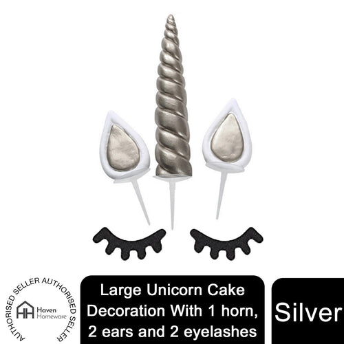 Haven Large Unicorn Cake Decoration  With 1 horn, 2 ears and 2 eyelashes., Silver
