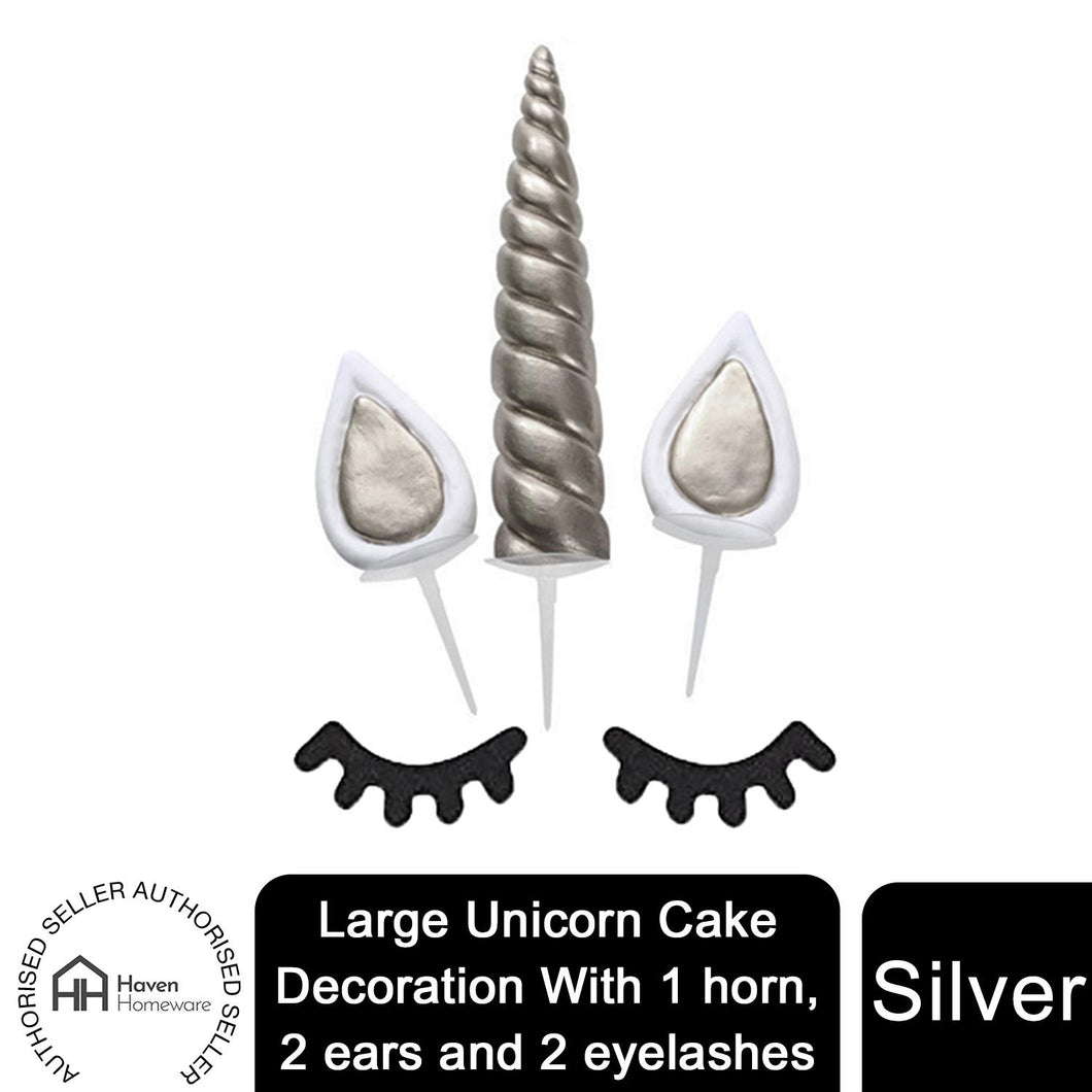 Haven Large Unicorn Cake Decoration  With 1 horn, 2 ears and 2 eyelashes., Silver