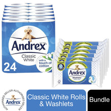 Load image into Gallery viewer, Andrex Toilet Paper Classic White, 24 Rolls &amp; Andrex Washlets Classic White, 6pk