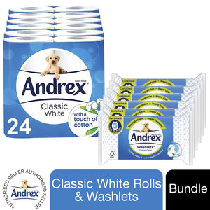 Andrex Toilet Paper Classic White, 24 Rolls & Andrex Washlets Classic White, 6pk