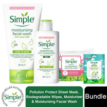 Load image into Gallery viewer, Simple Core Bundle of Polution mask, Bio wipes, Mouisurising wash &amp; Moisturiser