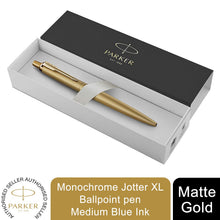 Load image into Gallery viewer, Parker Jotter Ballpoint Pen Matte Gold Medium Nib Blue Ink XL Gift Box