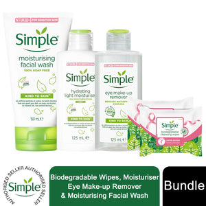 Simple Bundle of Bio wipes, Eye Make-up Remover, Face wash & Light Moisturiser