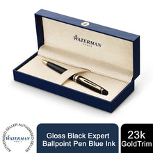 Load image into Gallery viewer, Waterman Expert Ballpoint Pen Gloss Black 23K Gold Trim Medium Tip Blue Ink