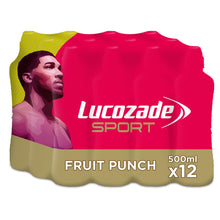Load image into Gallery viewer, 12 Pack of Lucozade Fruit Punch Apple &amp; Raspberry Sports Drink, 500ml