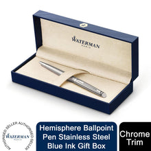 Load image into Gallery viewer, Waterman Hemisphere Ballpoint Pen Stainless Steel Chrome Trim Blue Ink Gift Box