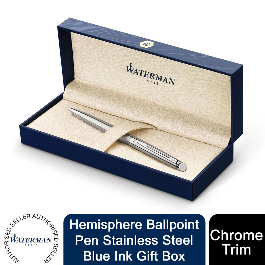 Waterman Hemisphere Ballpoint Pen Stainless Steel Chrome Trim Blue Ink Gift Box
