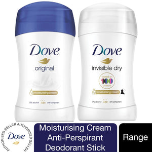 3x40ml or 6x40ml Dove Anti-Perspirant Original or Invisible Dry, Deodorant Stick